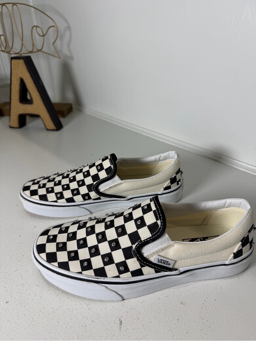 Vans Womens 8 Checkerboard Rhinestone Crystal Stud Classic Slip On Sneakers B&W